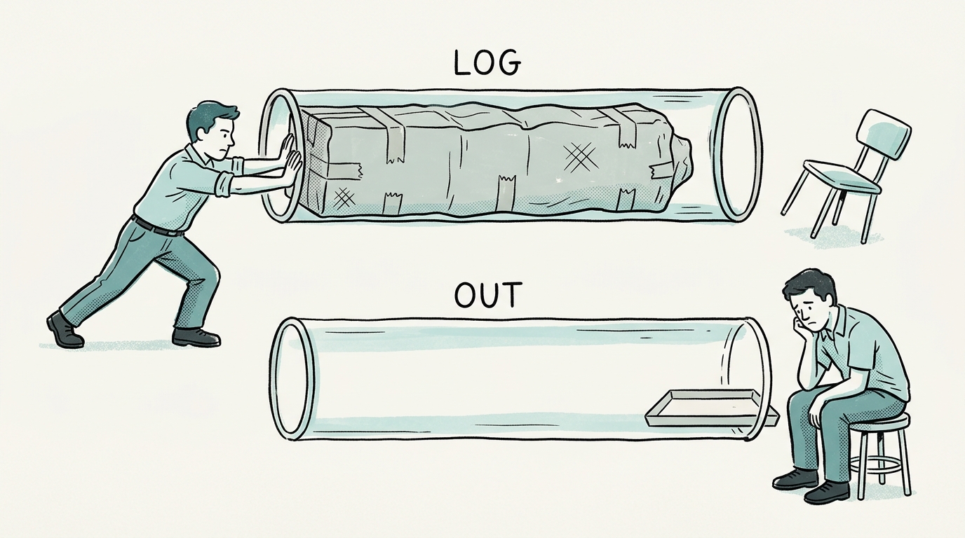 A worker pushes a giant parcel jammed in a tube labeled "LOG" whose receiving chair sits empty, while another worker waits at an empty tube labeled "OUT"