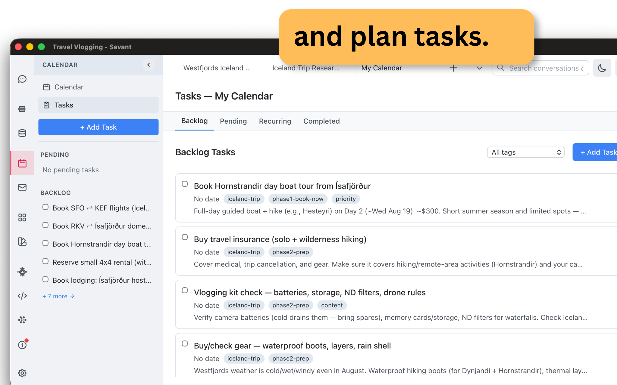 Planning the tasks on the calendar