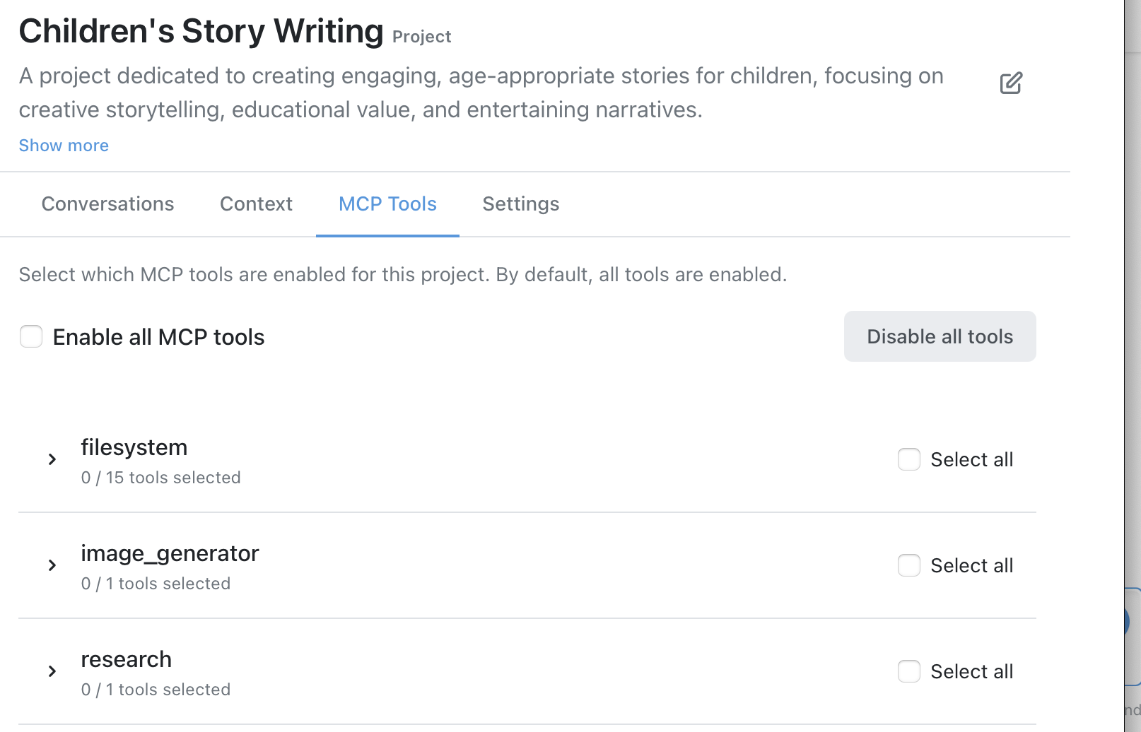 Per-conversation tool settings